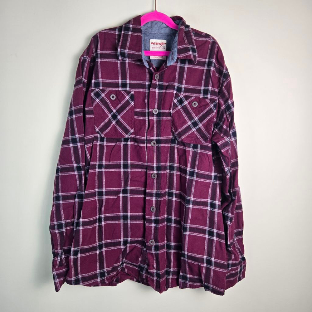 Men's Wrangler Burgundy Plaid Flannel Casual Button Down Shirt M